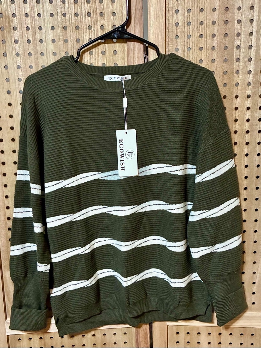Wish Olive Green Ribbed Crewneck Sweater with White Stripes Size M